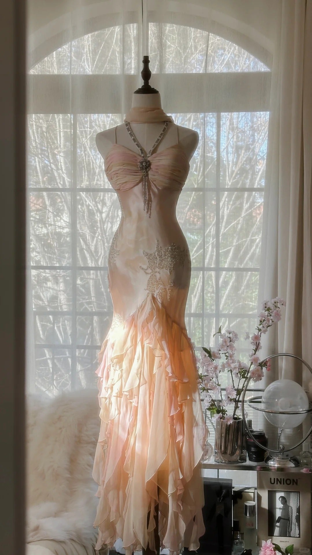 Robe de soirée longue en satin et mousseline de soie, rose clair, magnifique, avec perles exquises, bretelles spaghetti, pour anniversaire ou fête, gh4064