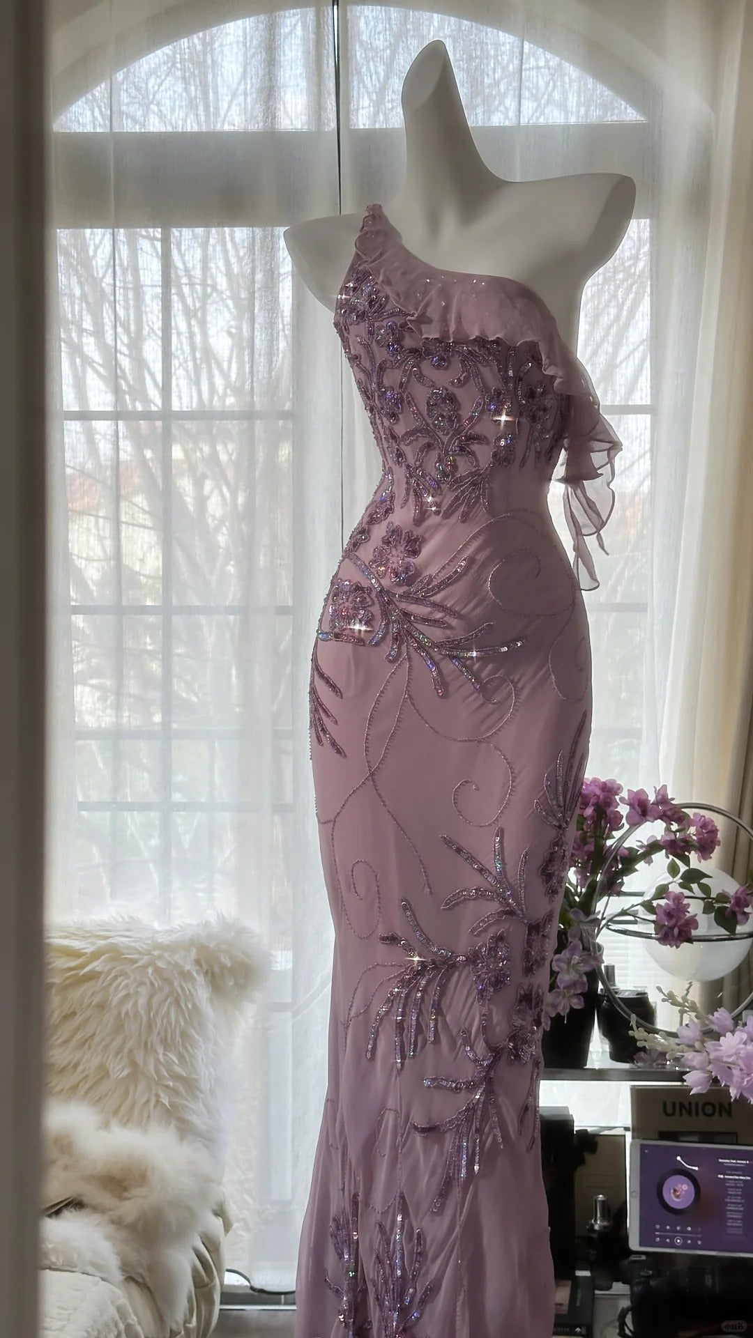 Pink Purple Romantic One Shoulder Fashion Elegant Exquisite Floral Beading Long Chiffon Ball Gown Evening Dress Birthday Holiday Party Dress Prom Dress gh4012