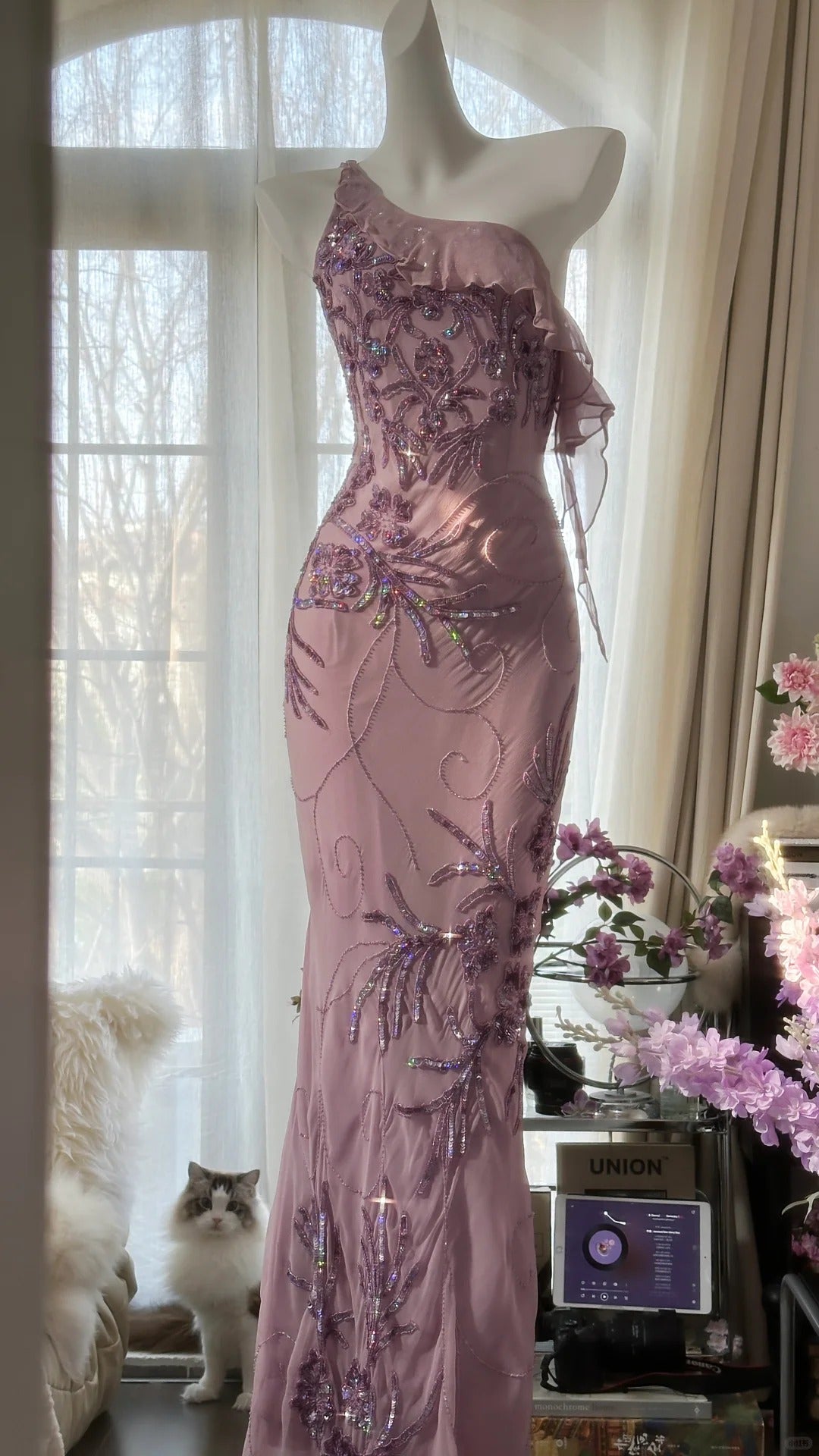 Pink Purple Romantic One Shoulder Fashion Elegant Exquisite Floral Beading Long Chiffon Ball Gown Evening Dress Birthday Holiday Party Dress Prom Dress gh4012