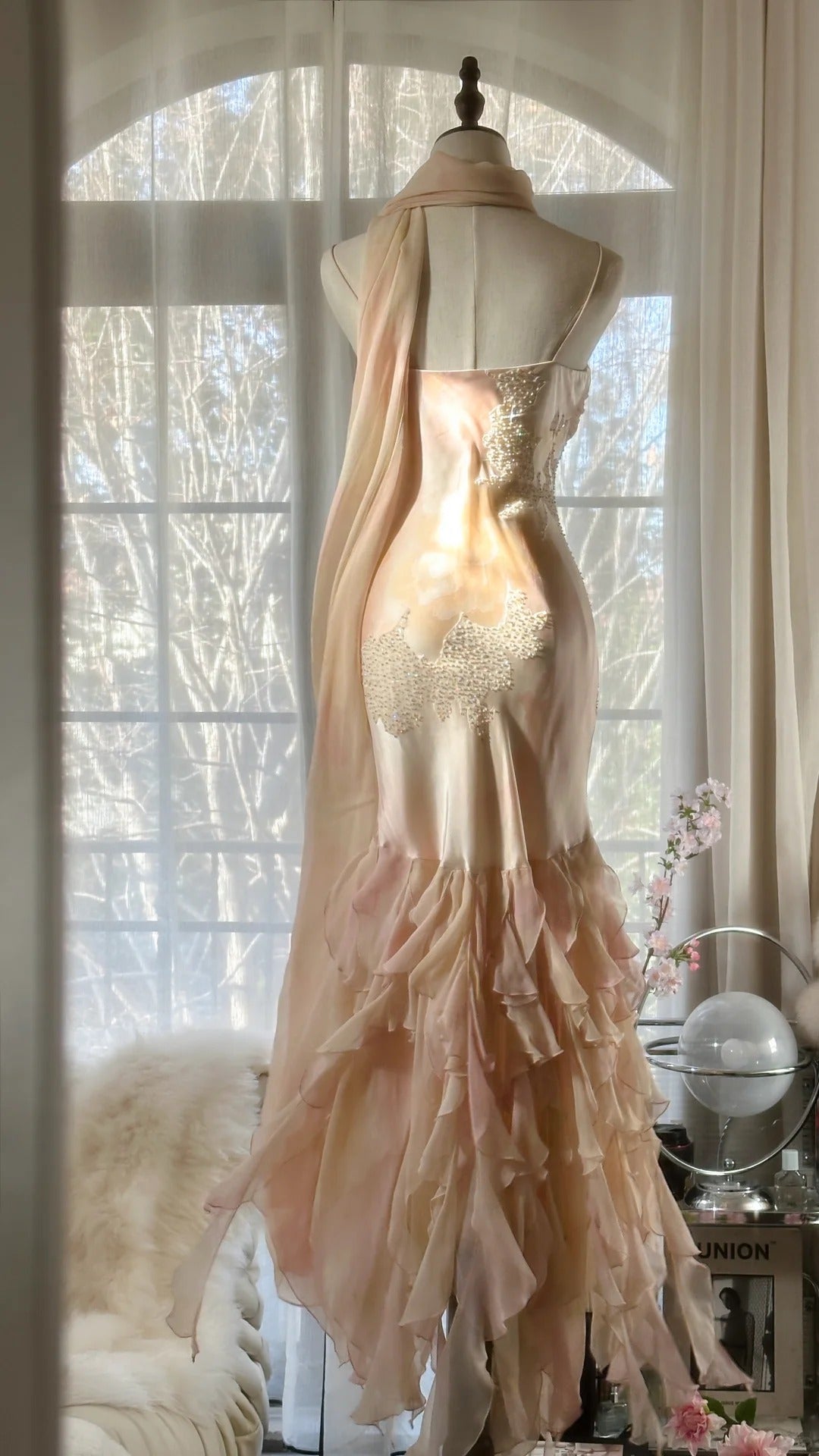 Robe de soirée longue en satin et mousseline de soie, rose clair, magnifique, avec perles exquises, bretelles spaghetti, pour anniversaire ou fête, gh4064
