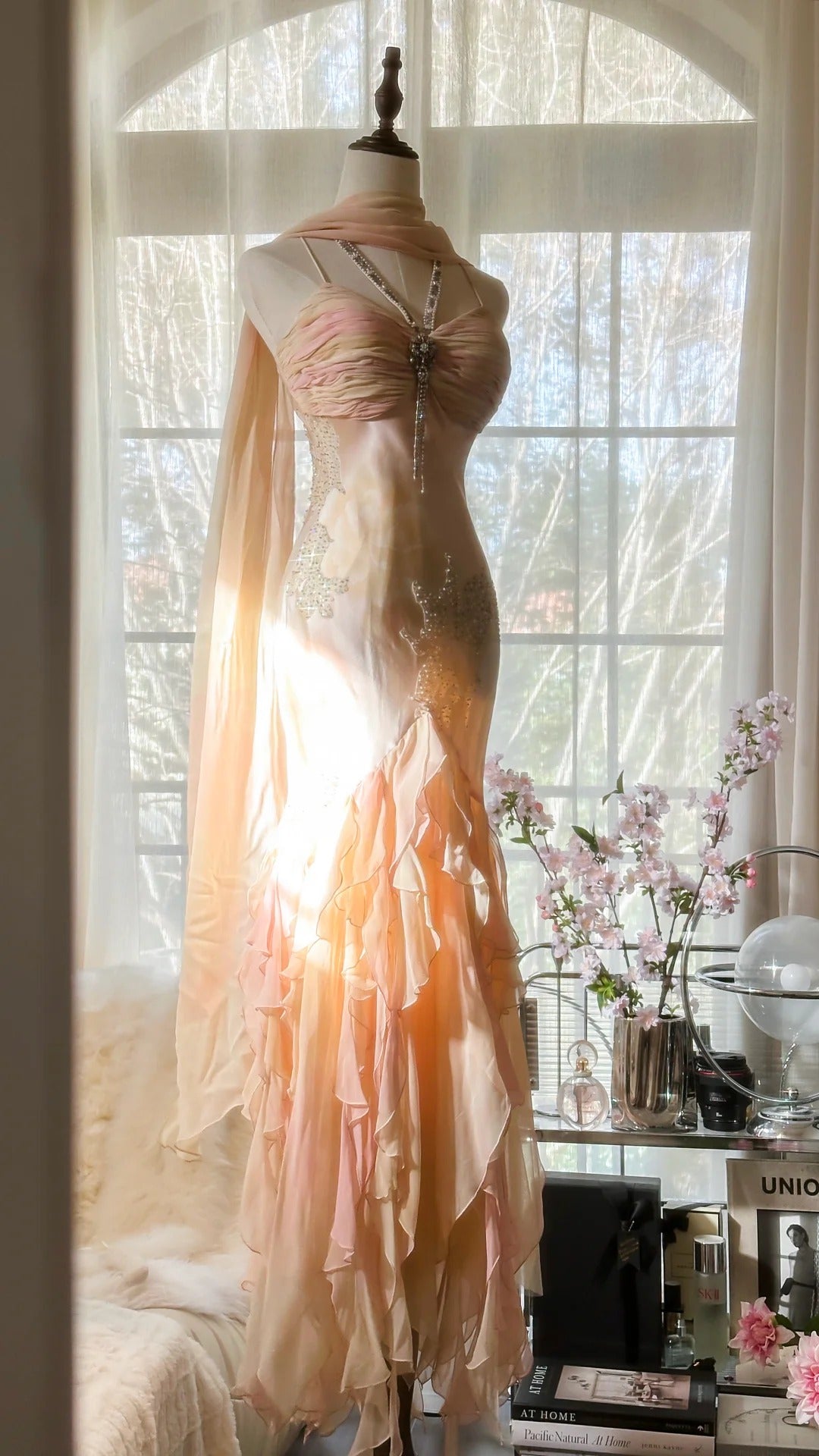 Robe de soirée longue en satin et mousseline de soie, rose clair, magnifique, avec perles exquises, bretelles spaghetti, pour anniversaire ou fête, gh4064