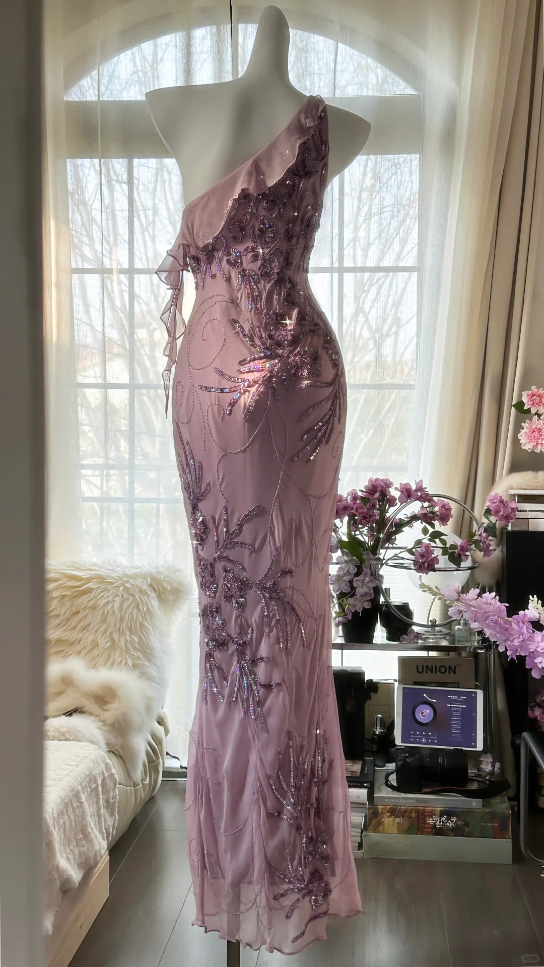 Pink Purple Romantic One Shoulder Fashion Elegant Exquisite Floral Beading Long Chiffon Ball Gown Evening Dress Birthday Holiday Party Dress Prom Dress gh4012