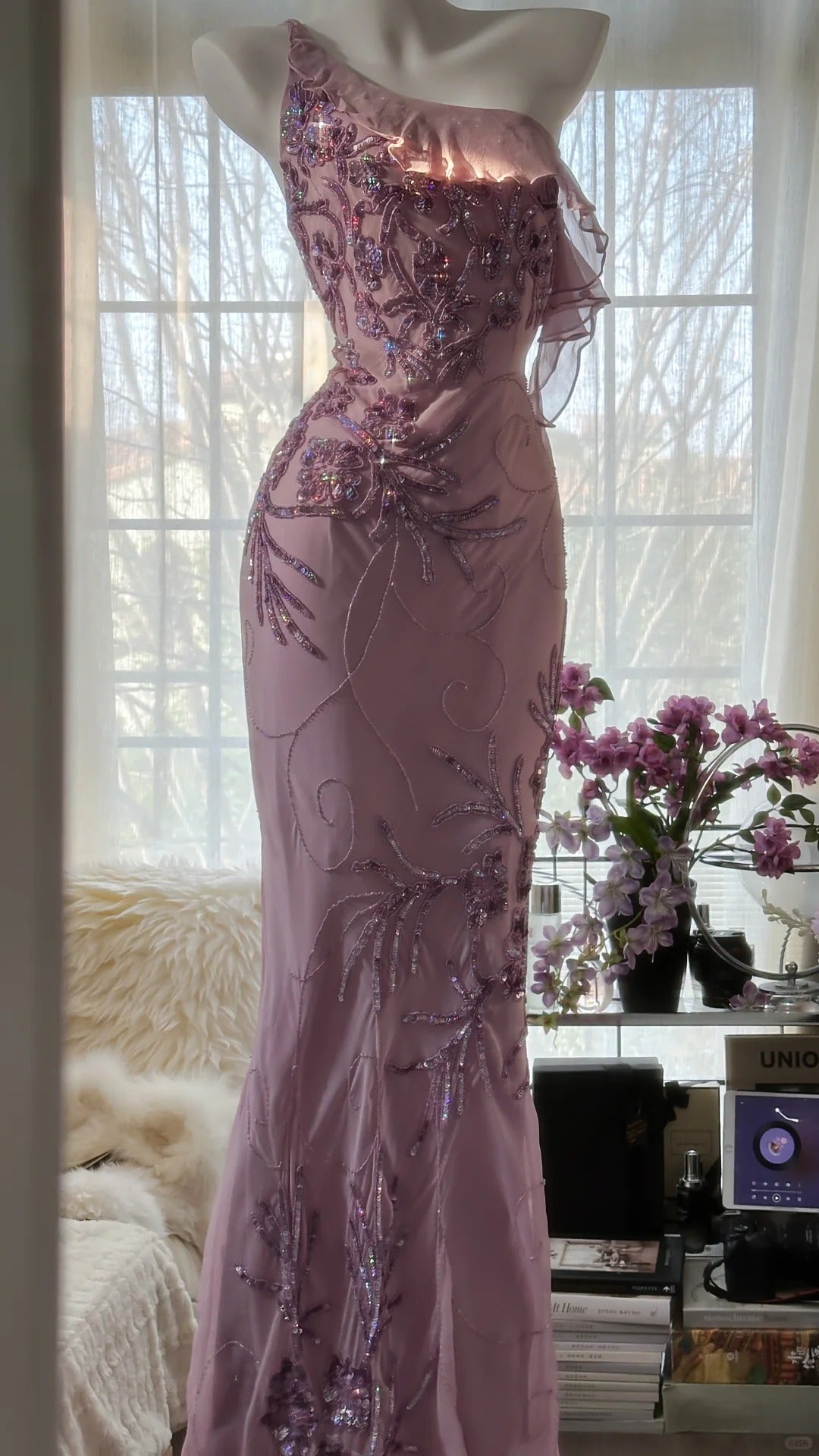 Pink Purple Romantic One Shoulder Fashion Elegant Exquisite Floral Beading Long Chiffon Ball Gown Evening Dress Birthday Holiday Party Dress Prom Dress gh4012