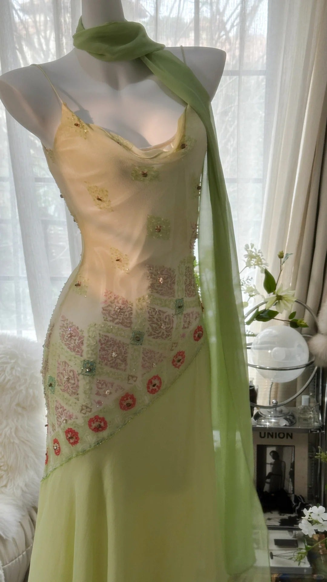 Green Elegant Romantic Delicate Floral Beading Spaghetti Strap Long Chiffon Homecoming Ball Gown Evening Dress Birthday/Wedding Guest/Holiday Party Dress Prom Dress gh4024