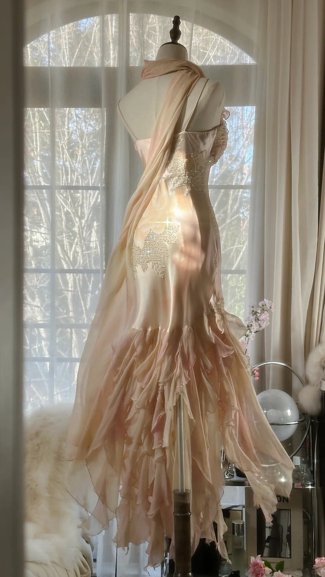 Robe de soirée longue en satin et mousseline de soie, rose clair, magnifique, avec perles exquises, bretelles spaghetti, pour anniversaire ou fête, gh4064