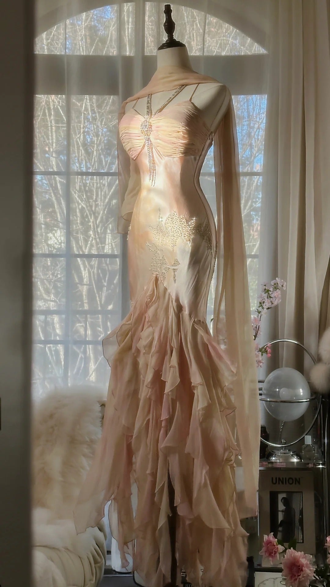 Robe de soirée longue en satin et mousseline de soie, rose clair, magnifique, avec perles exquises, bretelles spaghetti, pour anniversaire ou fête, gh4064