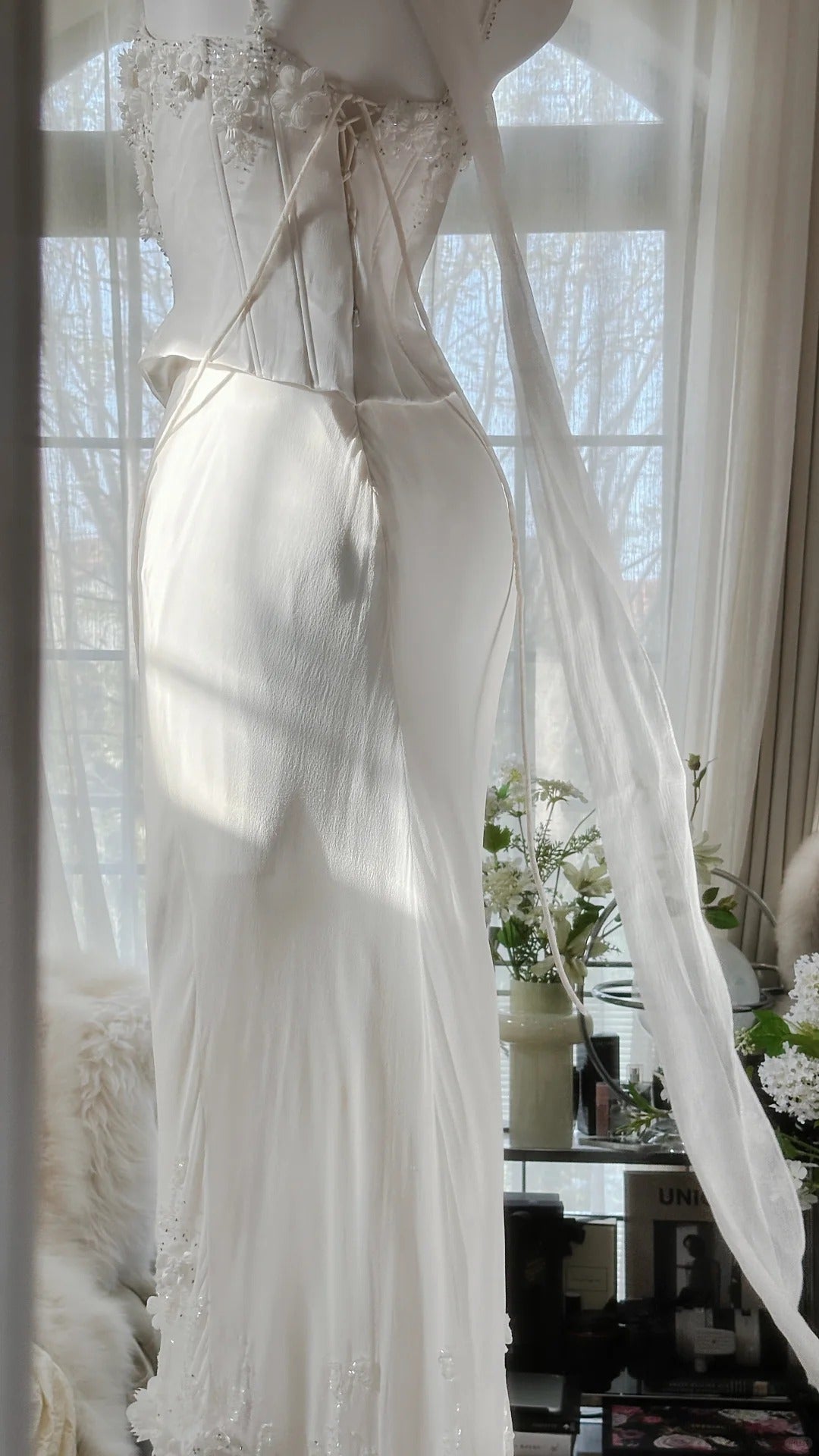 White Elegant Fashion Exquisite Floral Beaded Long Chiffon Ball Gown Evening Dress Party Dress Two Piece Set gh4005