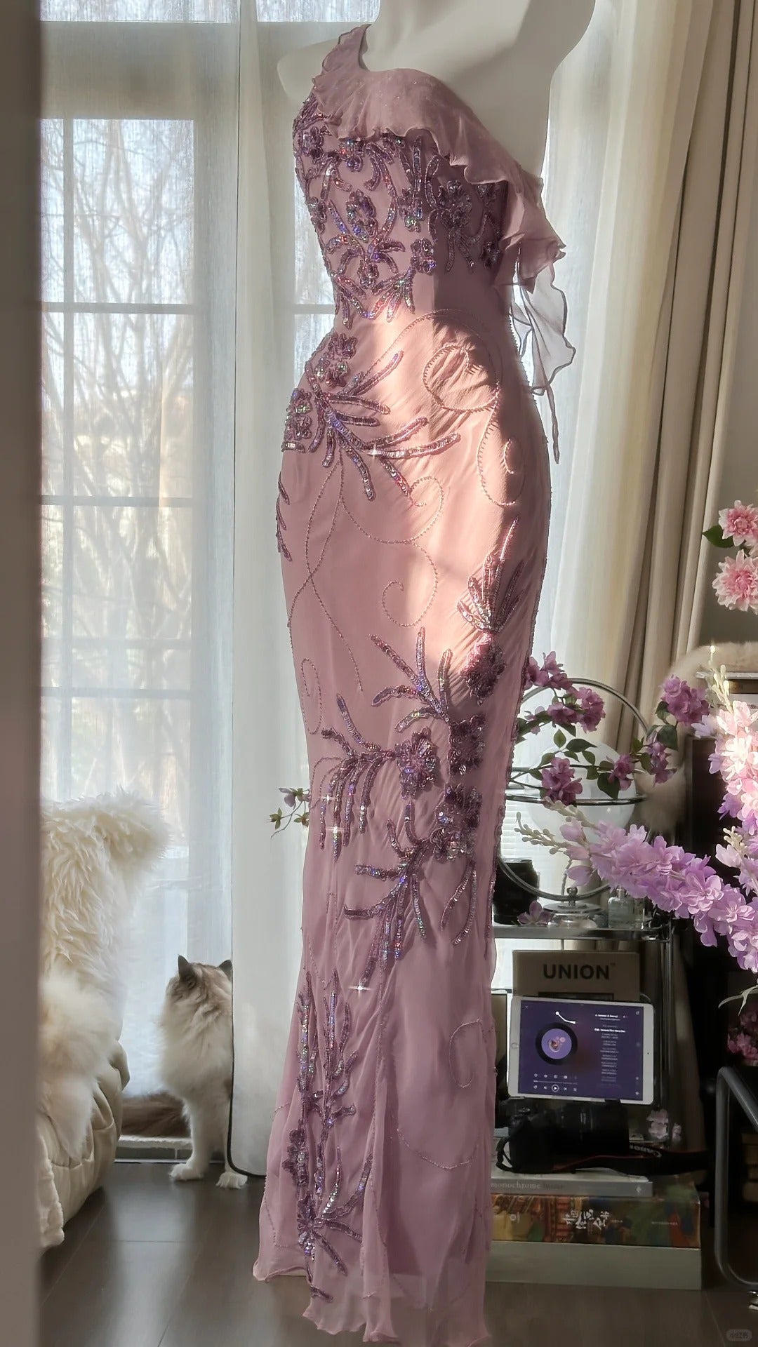 Pink Purple Romantic One Shoulder Fashion Elegant Exquisite Floral Beading Long Chiffon Ball Gown Evening Dress Birthday Holiday Party Dress Prom Dress gh4012