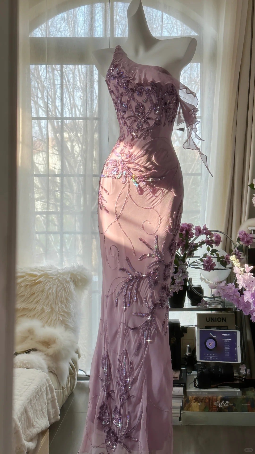 Pink Purple Romantic One Shoulder Fashion Elegant Exquisite Floral Beading Long Chiffon Ball Gown Evening Dress Birthday Holiday Party Dress Prom Dress gh4012