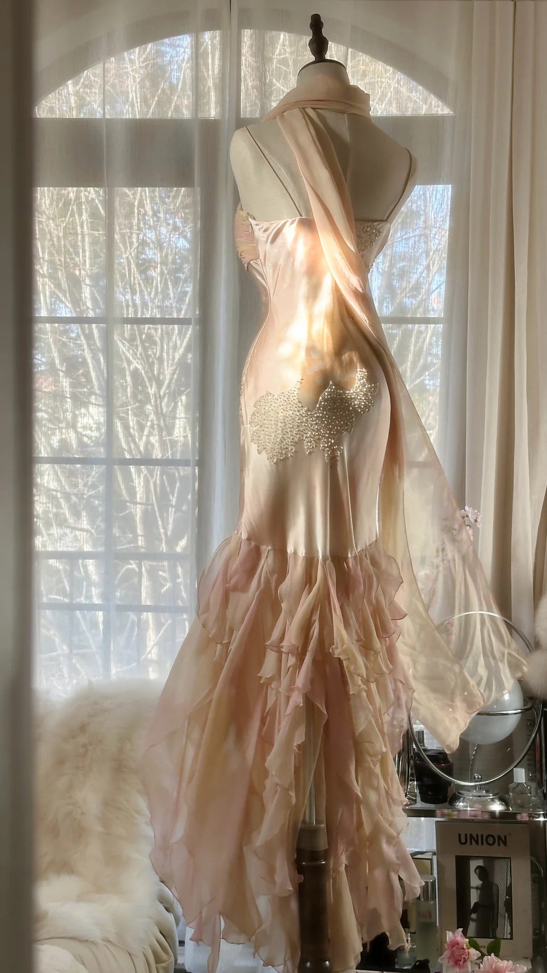 Robe de soirée longue en satin et mousseline de soie, rose clair, magnifique, avec perles exquises, bretelles spaghetti, pour anniversaire ou fête, gh4064