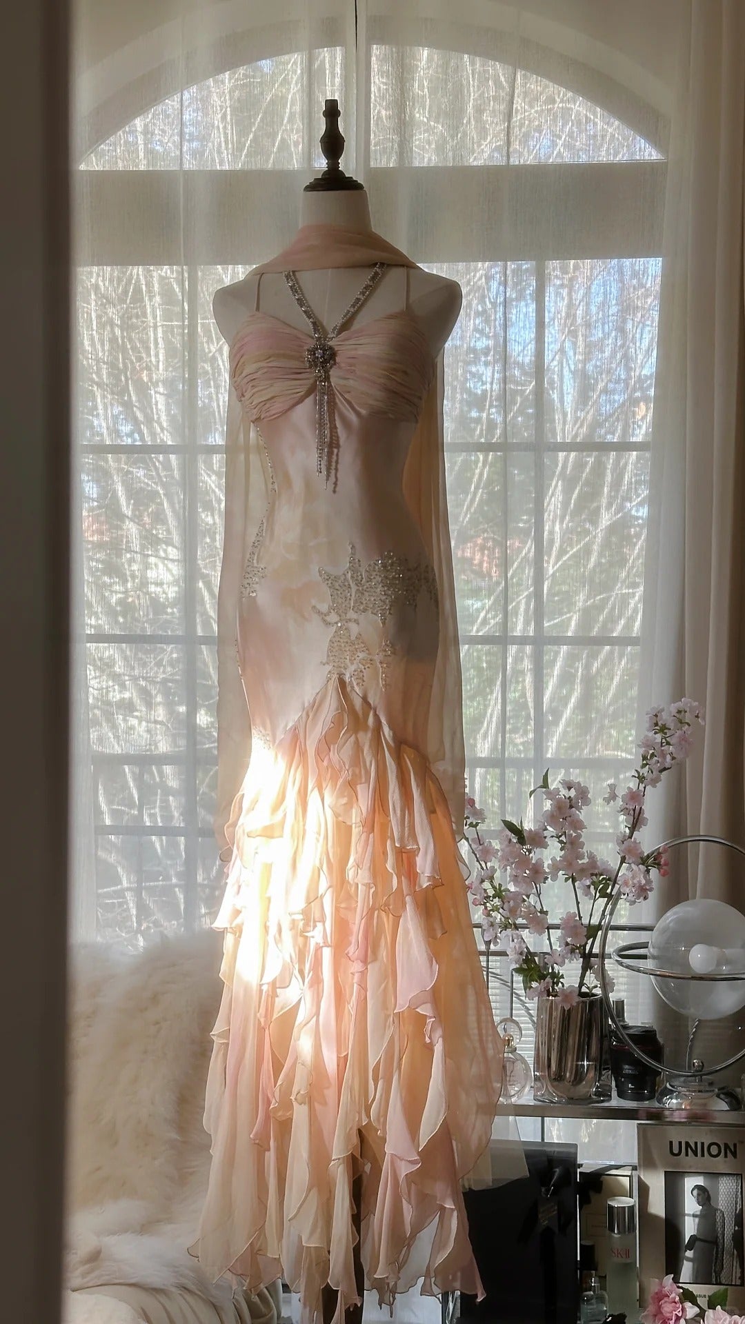 Robe de soirée longue en satin et mousseline de soie, rose clair, magnifique, avec perles exquises, bretelles spaghetti, pour anniversaire ou fête, gh4064