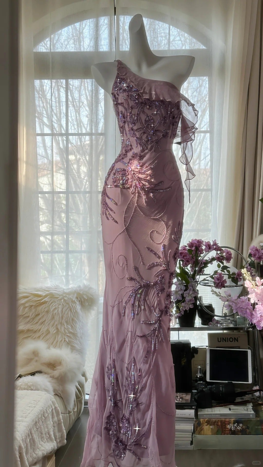 Pink Purple Romantic One Shoulder Fashion Elegant Exquisite Floral Beading Long Chiffon Ball Gown Evening Dress Birthday Holiday Party Dress Prom Dress gh4012