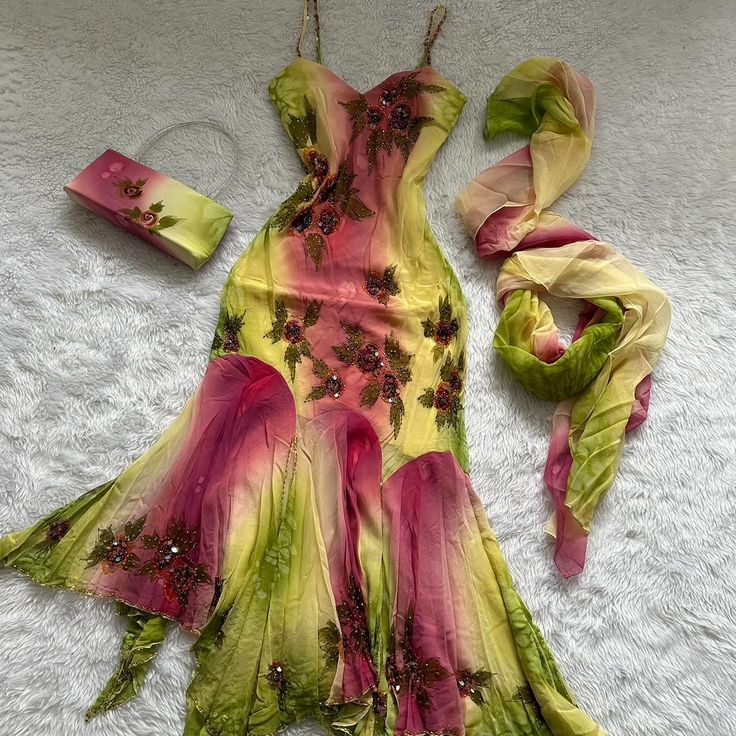 Robe de soirée élégante et raffinée, en mousseline de soie, à bretelles spaghetti, dégradé de rose et de vert, à volants, robe de bal, gh3620