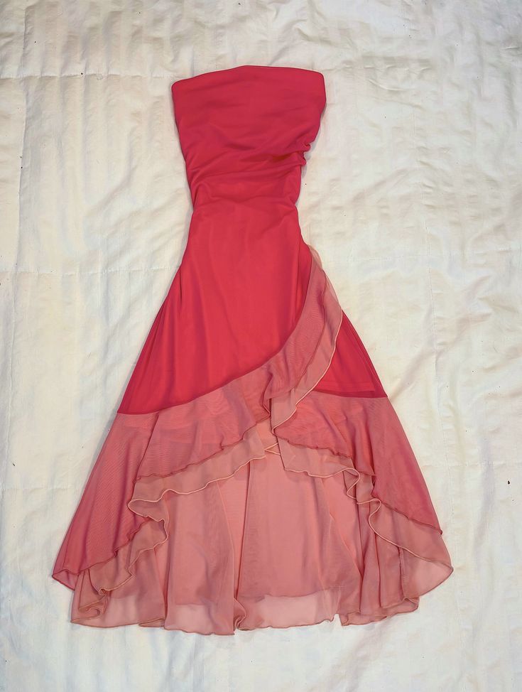 girlhomeshops-Vintage Red-Pink Gradient Strapless Ruffled Midi Evening Dress gh6016