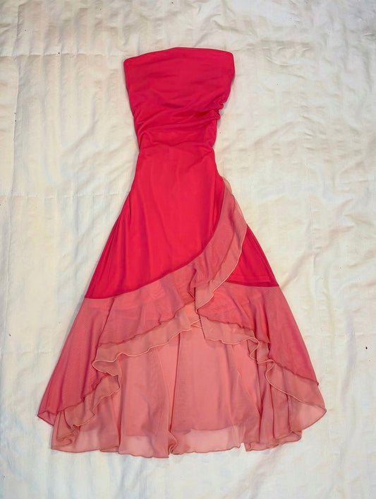 girlhomeshops-Vintage Red-Pink Gradient Strapless Ruffled Midi Evening Dress gh6016