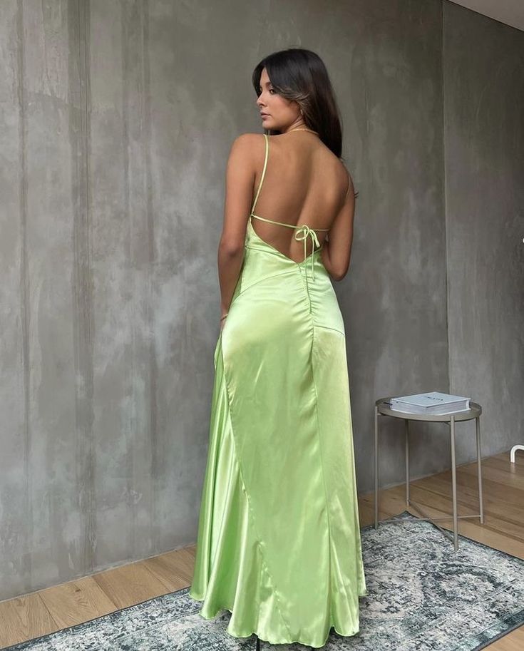 Green Fashion Simple Elegant Spaghetti Strap Long Satin Prom Dress Evening Dress Wedding Guest Party Dress Prom Dress gh3764