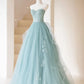 Green Lace Tulle A-Line Long Formal Dress, Green Strapless Evening Dress gh2581