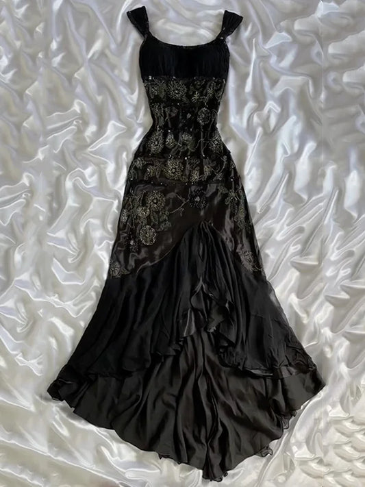 Black Gorgeous Fashion Exquisite Floral Beaded Long Ankle Length Satin Ball Gown Evening Gown Party Dress Prom Gown gh3775