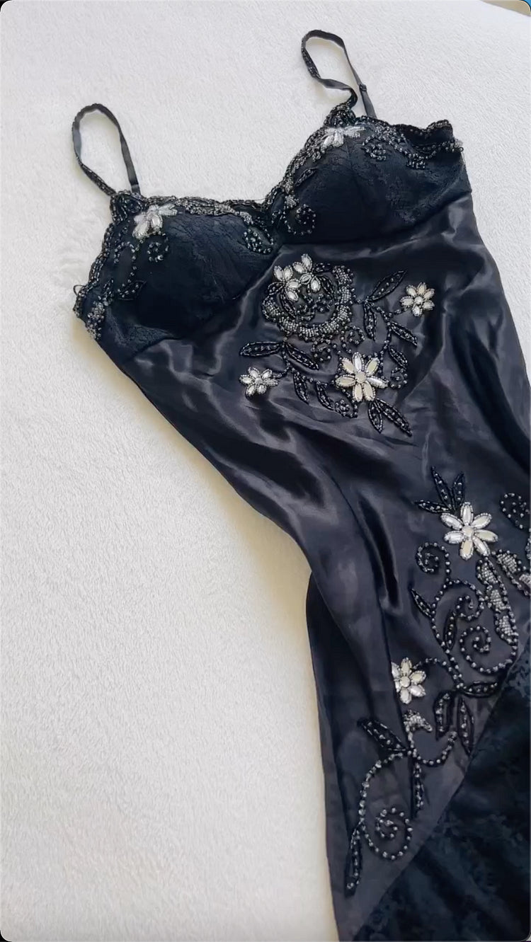 Robe de soirée longue/courte en satin et dentelle, élégante et raffinée, style vintage, motif floral, perles, bretelles spaghetti, style princesse, robe de bal, robe de soirée, robe de bal, robe de retour, gh3705