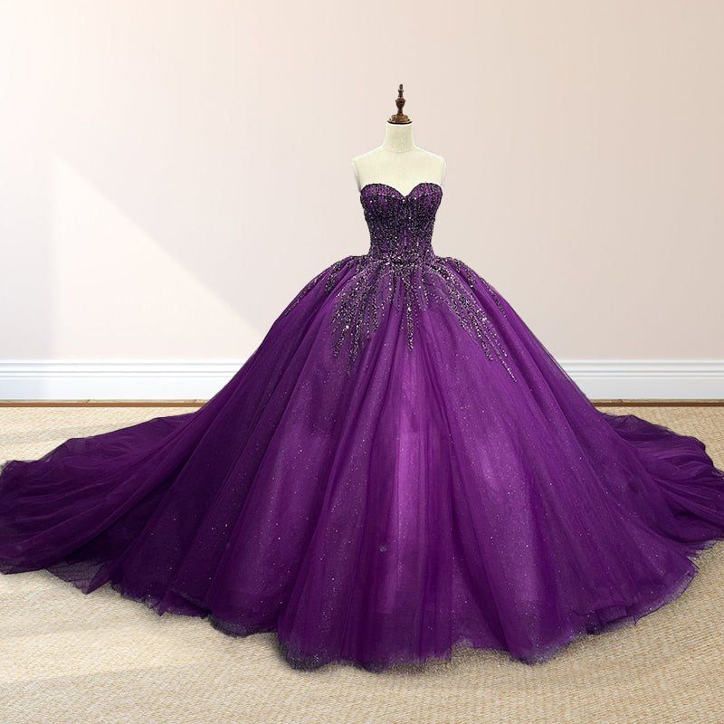 girlhomeshops - Robe de bal/robe de mariée longue en tulle violet scintillant et délicatement perlé gh6186