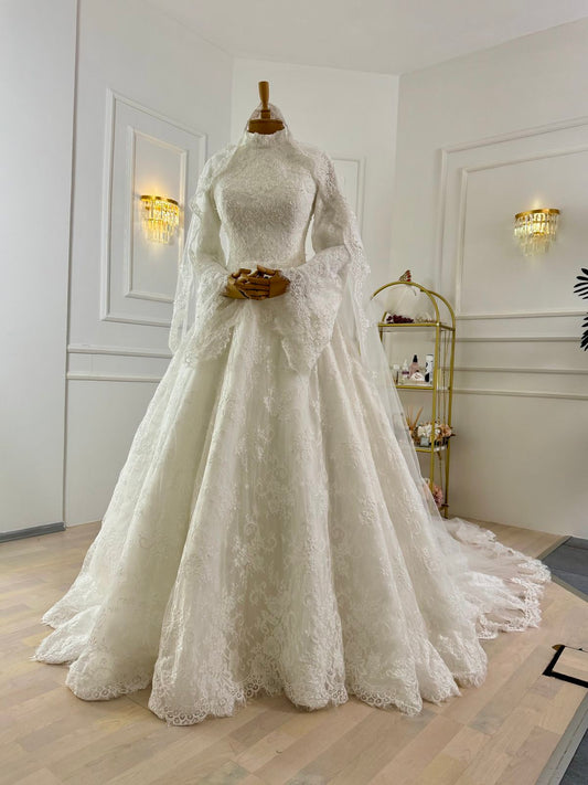 Vintage Palace Style High-Neck Lace Long-Sleeve Train Gown | Ballgown Full-Embroidered Tulle Maxi Dress for Wedding Bridal Luxury Gala gh6410
