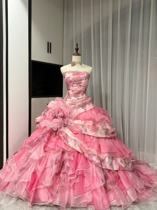 Robe de bal longue en tulle rose à fleurs et perles, robe de Quinceanera pour 16e anniversaire, gh4736