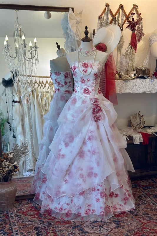 Robe de bal bandeau rouge et blanche à fleurs : décoration florale 3D, jupe à volants, robe rétro pour tea party gh6575