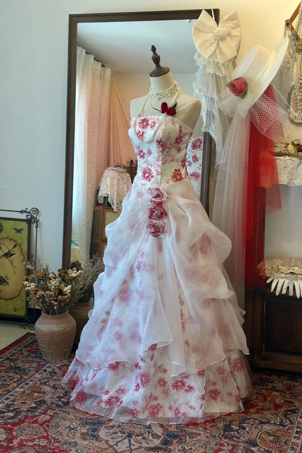 Robe de bal bandeau rouge et blanche à fleurs : décoration florale 3D, jupe à volants, robe rétro pour tea party gh6575