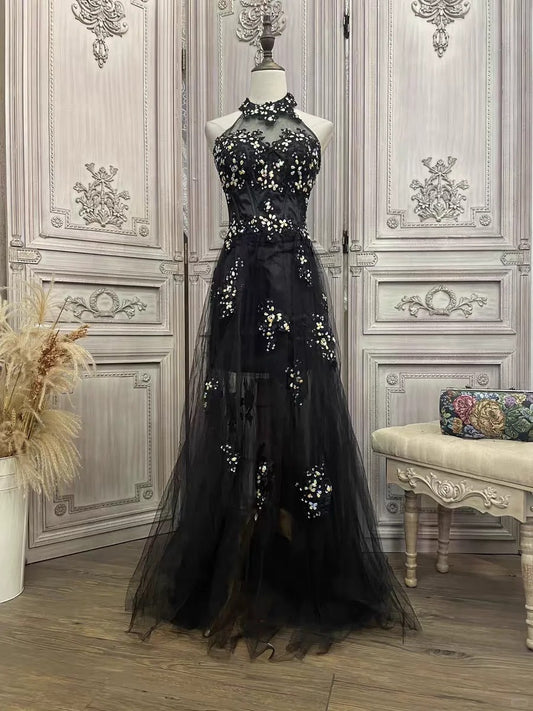 ✨Girlhomeshops-Schwarzes langes Tüll-Abschlussball-Abendkleid mit Blumenmuster und Strasssteinen gh4984