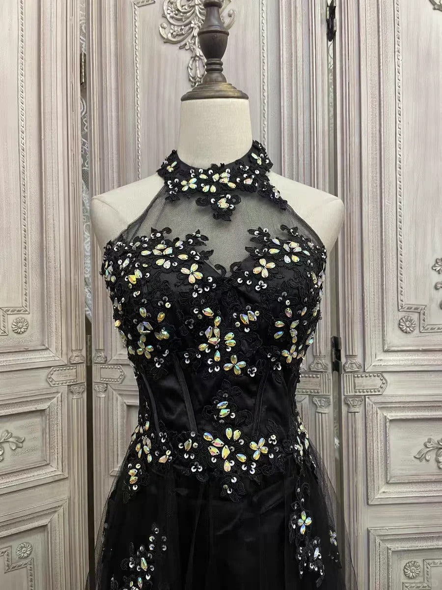 ✨Girlhomeshops - Robe de soirée longue en tulle à fleurs noires et strass gh4984