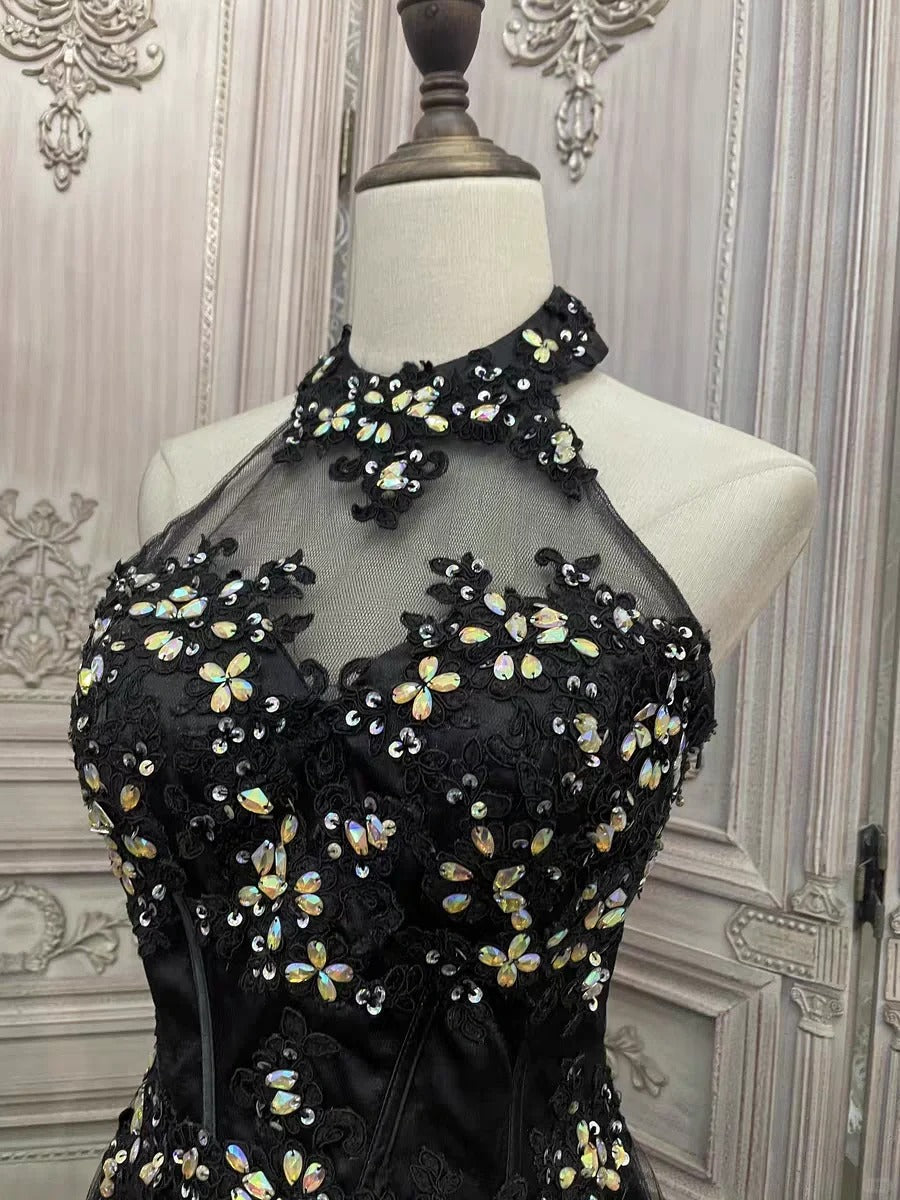 ✨Girlhomeshops - Robe de soirée longue en tulle à fleurs noires et strass gh4984