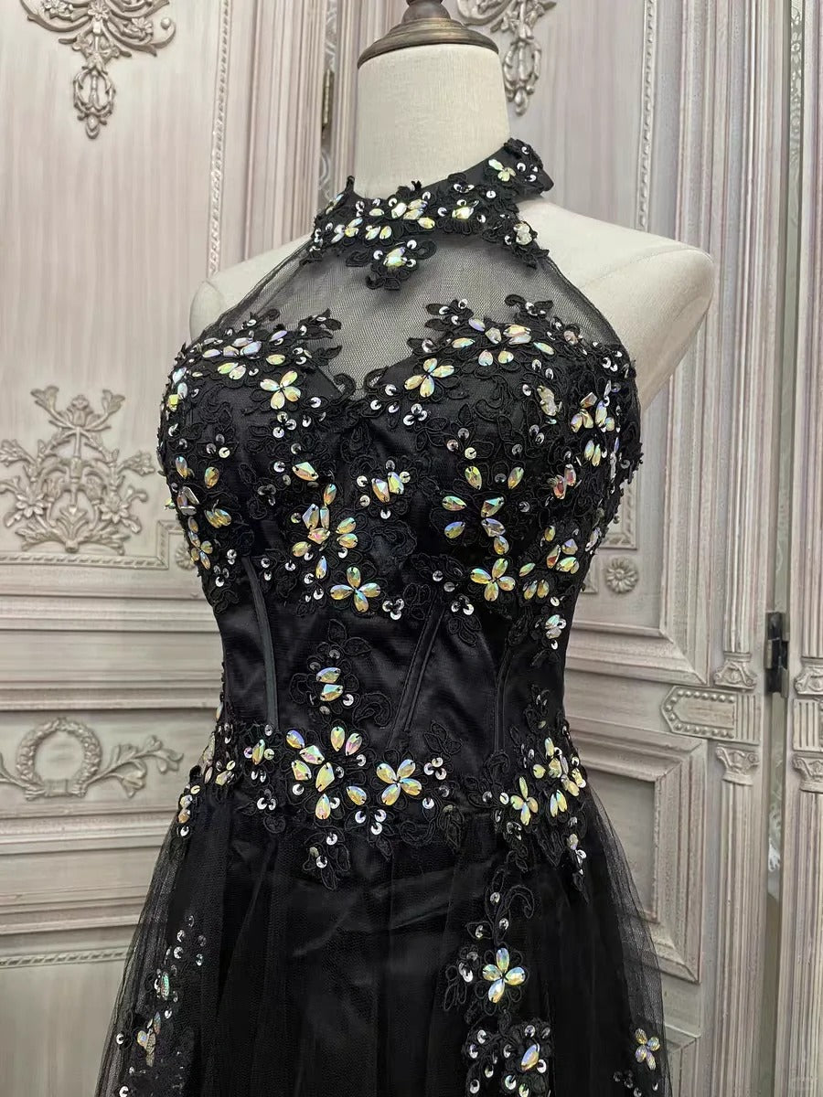 ✨Girlhomeshops - Robe de soirée longue en tulle à fleurs noires et strass gh4984