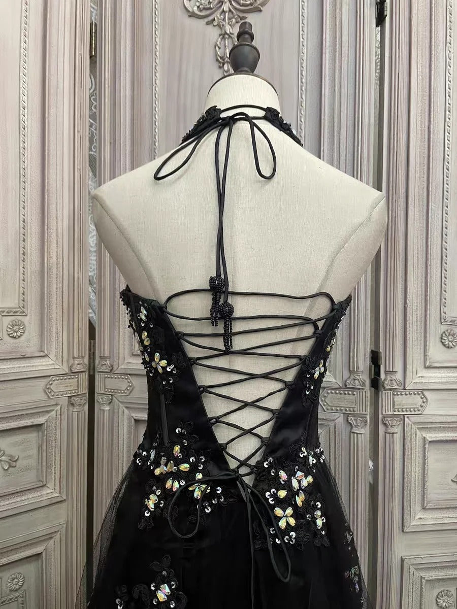 ✨Girlhomeshops - Robe de soirée longue en tulle à fleurs noires et strass gh4984