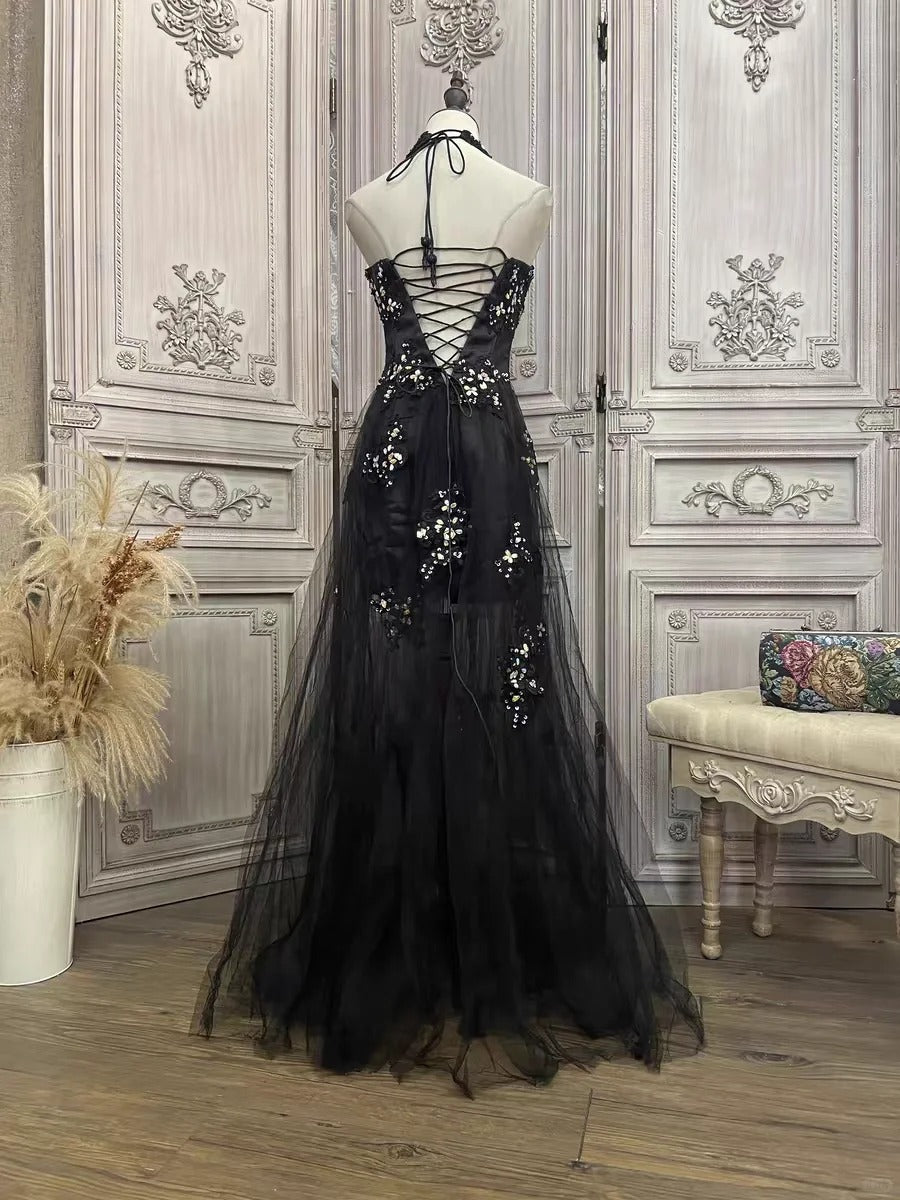 ✨Girlhomeshops - Robe de soirée longue en tulle à fleurs noires et strass gh4984