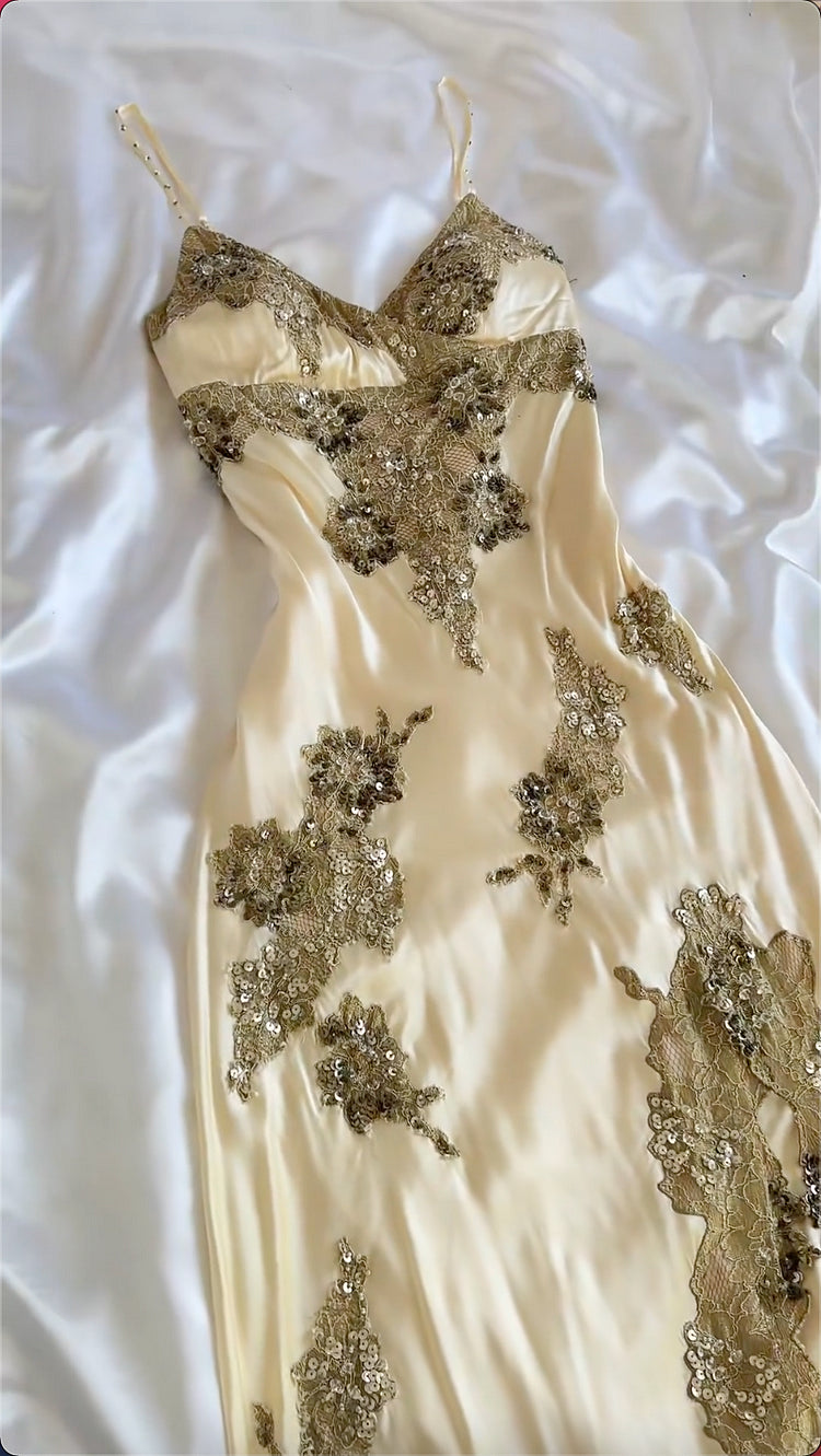 Robe de soirée longue en satin couleur champagne, magnifique, exquise, en dentelle perlée, bretelles spaghetti, robe de bal, robe de soirée gh3511