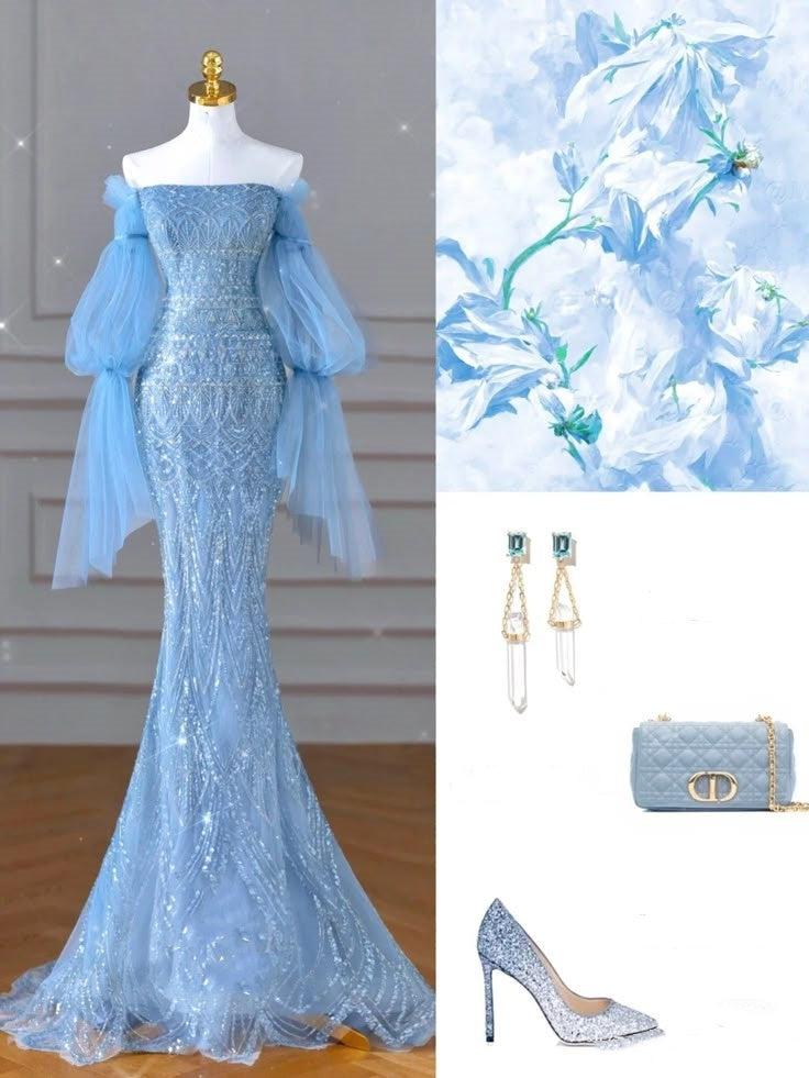 Robe de soirée sirène à manches longues en tulle pailleté bleu luxueux, magnifique, perles exquises et brillantes, élégante, gh3388