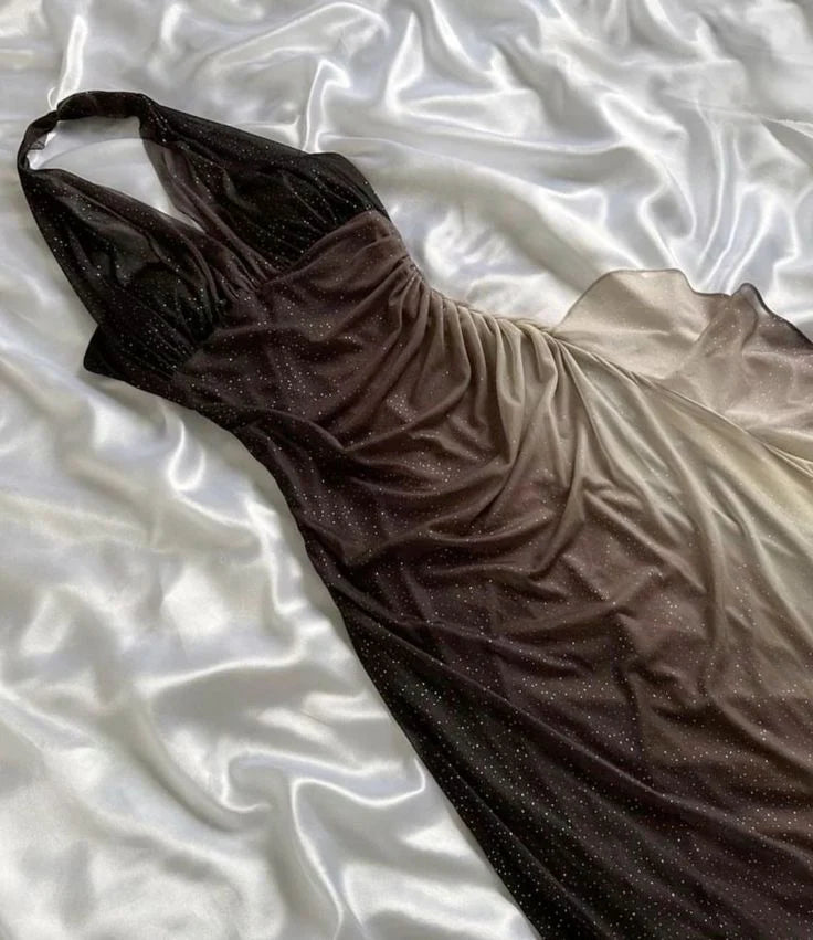 Robe de soirée longue en mousseline de soie à volants et bretelles élégantes, dégradé marron brillant, robe de soirée gh3394