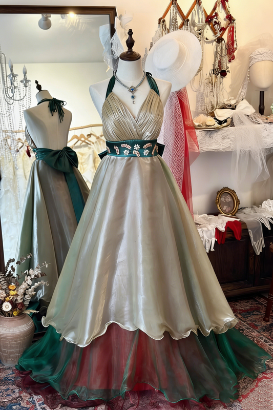 Robe dos nu rétro de luxe : robe évasée cintrée à la taille, tissu satiné, robe de soirée gh6580