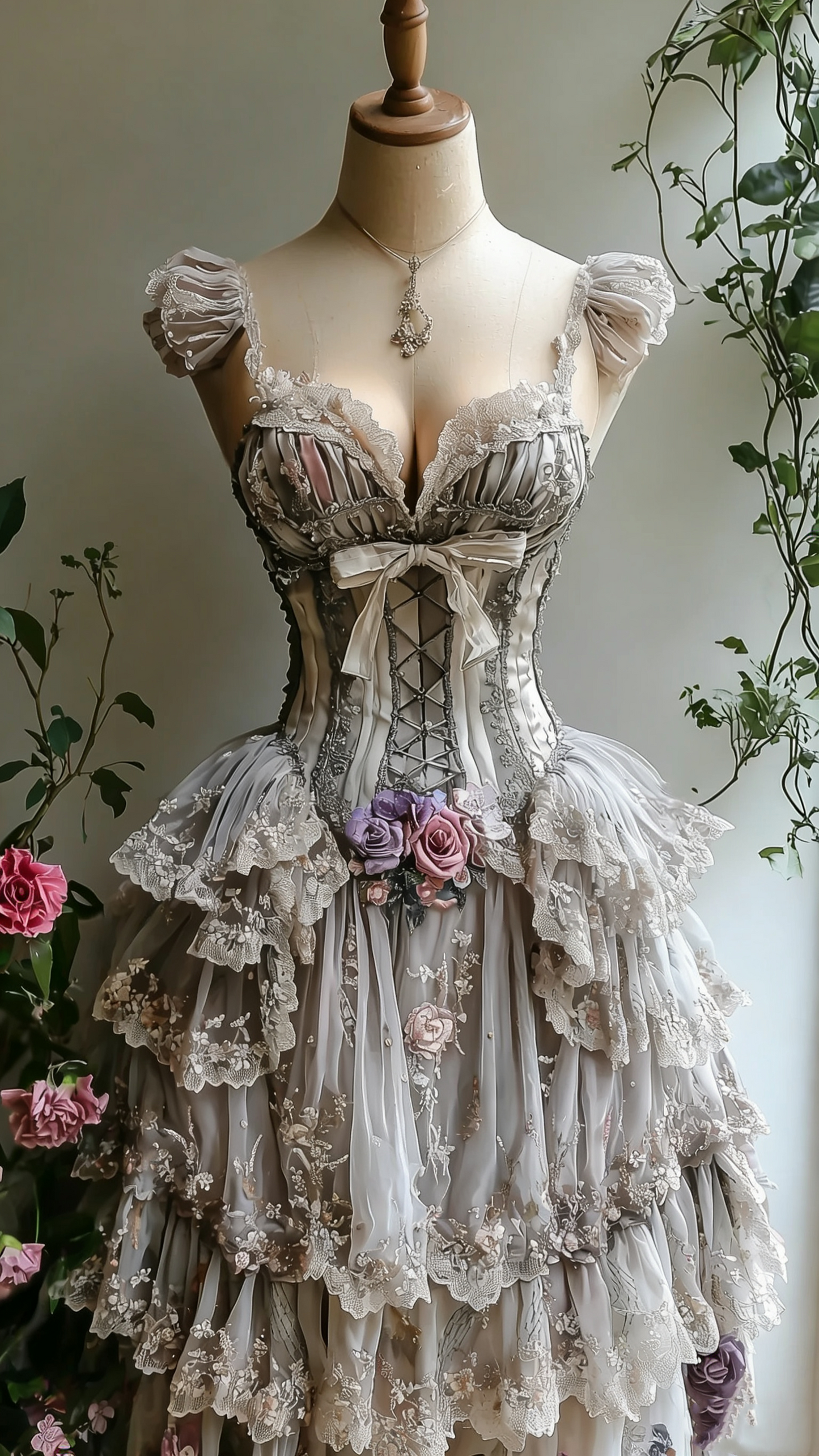 Graues Ballkleid im Lolita-Retro-Stil mit 3D-Blumenmuster aus Spitze – ideal für Teepartys und Cosplay (gh6552)