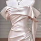 High-End Texture Style Champagne Gold Satin Off-Shoulder Ruched Train Gown - Elegant Dress for Dinner & Red Carpet gh6546