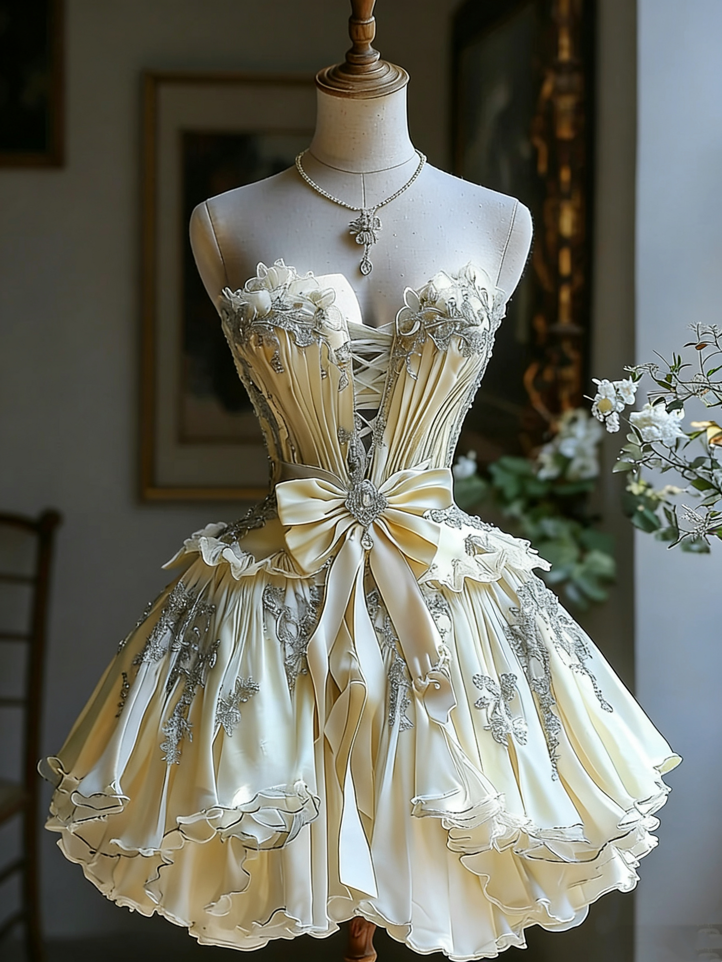 Luxury Sweet Style Cream Gold Satin Beaded Strapless Mini Gown - Birthday Party & Lolita Tea Dress gh6555