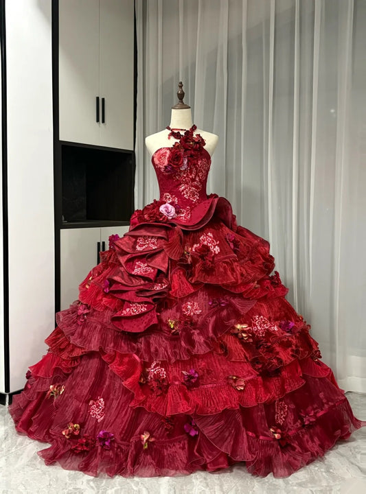 Robe de bal longue en tulle à fleurs rouges et perles, robe de Quinceanera, robe d'anniversaire 16 ans, gh4738