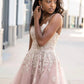 Pink A-line V-neck short lace prom dress formal homecoming dress party dress gh1616