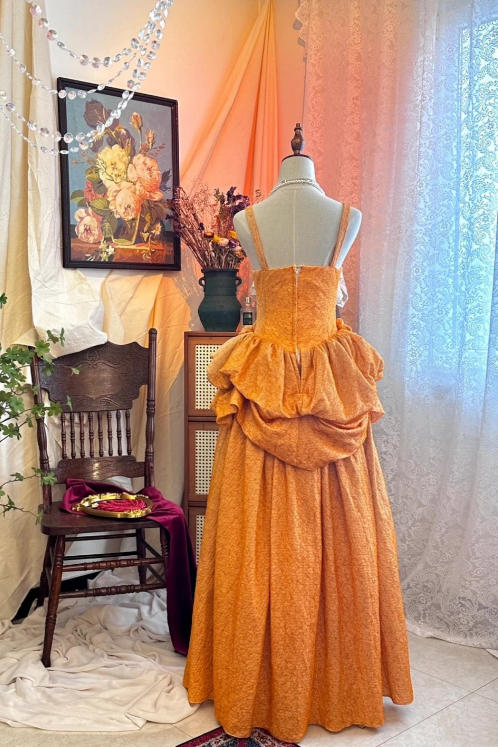 French Romantic Orange Dress: Thin Strap Heart Neckline, Flared Skirt Design, High-end Party Dress gh6583