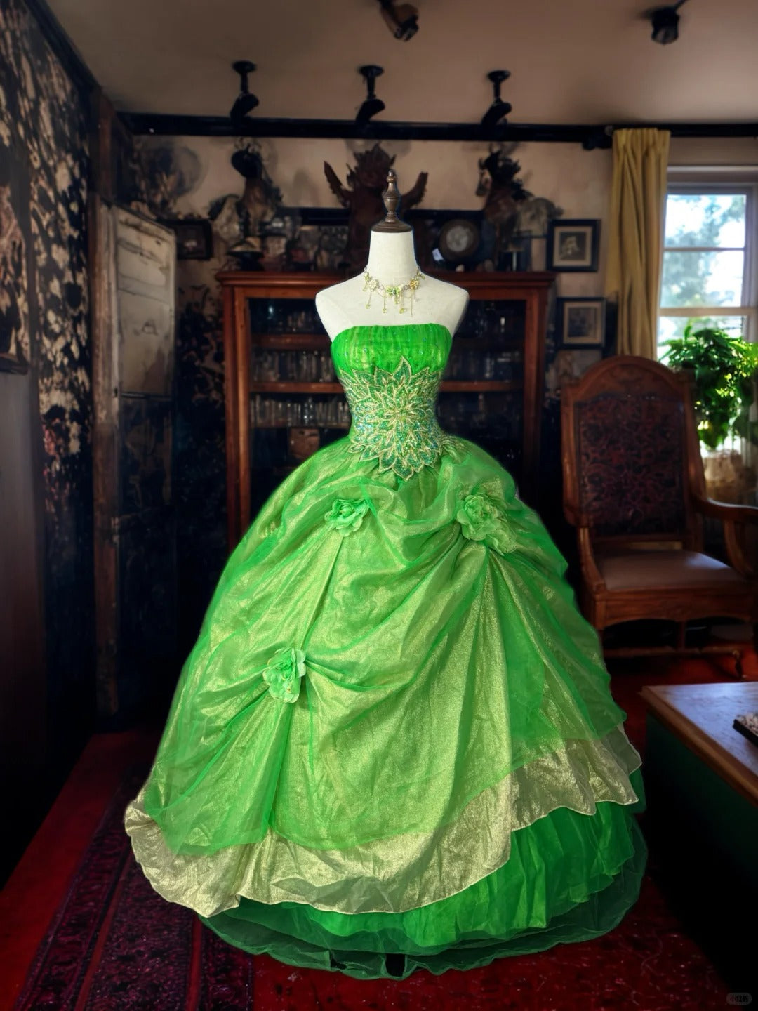 Girlhomeshops - Robe de bal longue en tulle vert, magnifique, florale et exquise, avec perles, gh5354