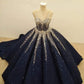 Navy blue gorgeous shiny sequins stylish unique long prom dress evening gown gh3092