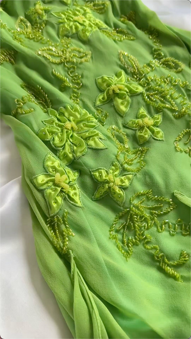 Green shiny fashion exquisite floral beading spaghetti straps long chiffon ruffles long ball gown evening dress party dress gh3403