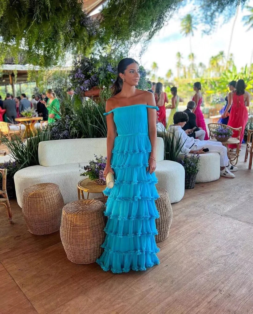 Blue/Yellow Off Shoulder A-Line Tiered Long Chiffon Ball Gown Elegant Ruffle Floor Length Prom Dress Evening Gown Wedding Party Dress gh3656