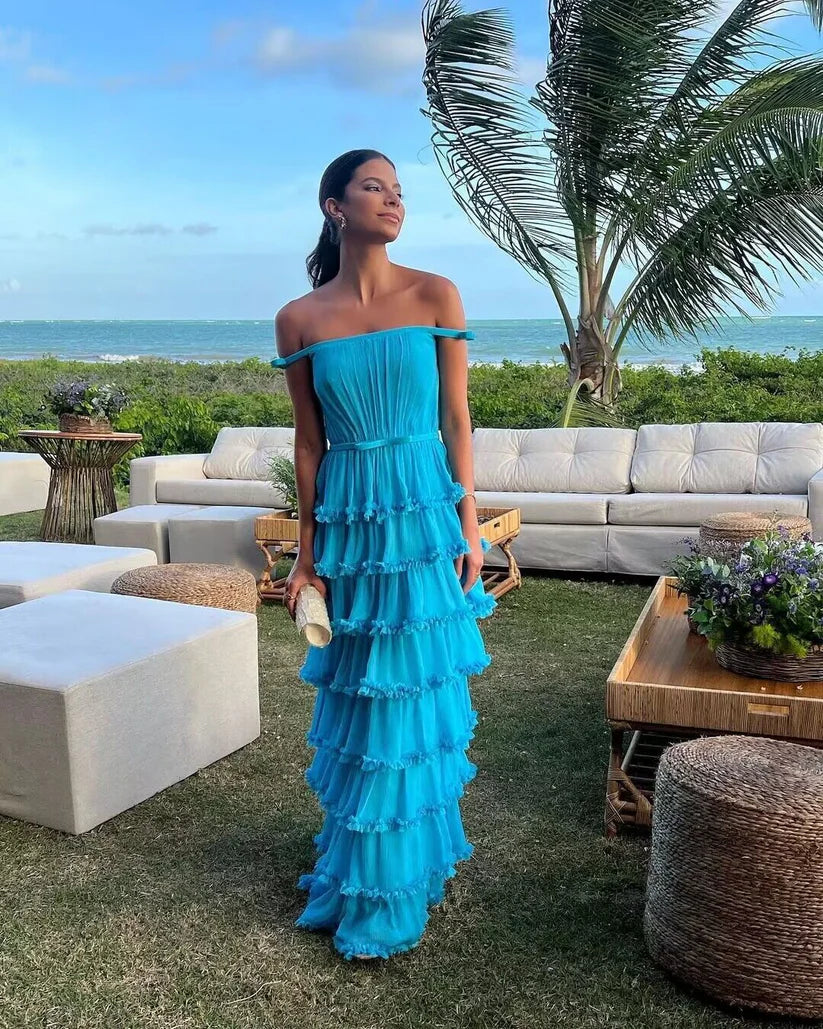 Blue/Yellow Off Shoulder A-Line Tiered Long Chiffon Ball Gown Elegant Ruffle Floor Length Prom Dress Evening Gown Wedding Party Dress gh3656
