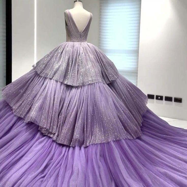 Purple Gorgeous Shiny Elegant A-line Long Tiered Ruffled Tulle Ball Gown Formal Dress Evening Dress Celebrity Dress gh3145